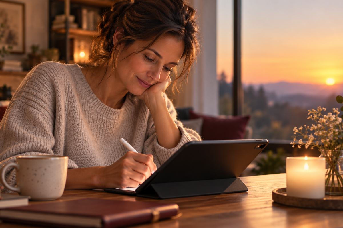 Une femme écrit sur une tablette, chez elle, au coucher du soleil.