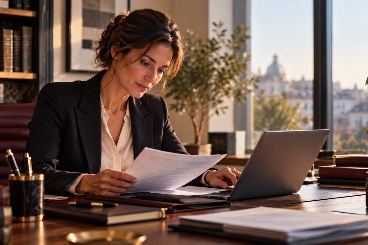 Une femme relit un document dans son bureau, devant son ordinateur.