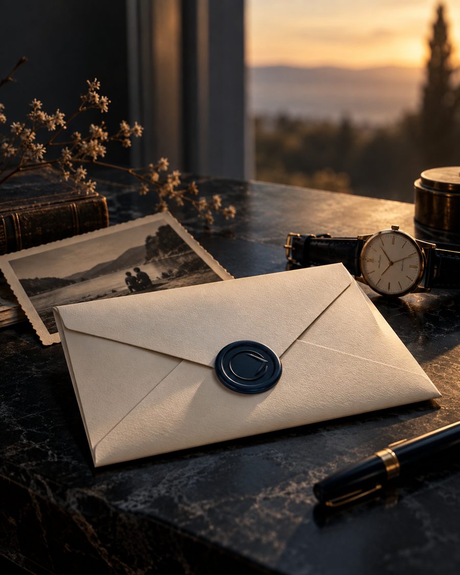 Une enveloppe ivoire scellée de cire, posée sur une pierre sombre près d’une photographie ancienne et d’une montre.