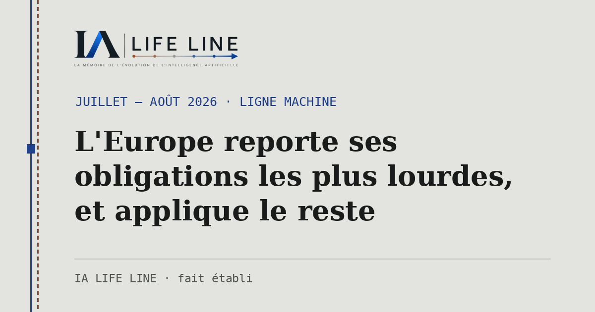 Carte de partage : L'Europe reporte ses obligations les plus lourdes, et applique le reste — juillet — août 2026 · IA LIFE LINE