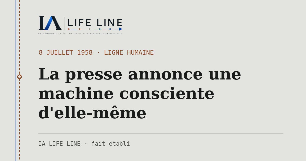 Carte de partage : La presse annonce une machine consciente d'elle-même — 8 juillet 1958 · IA LIFE LINE