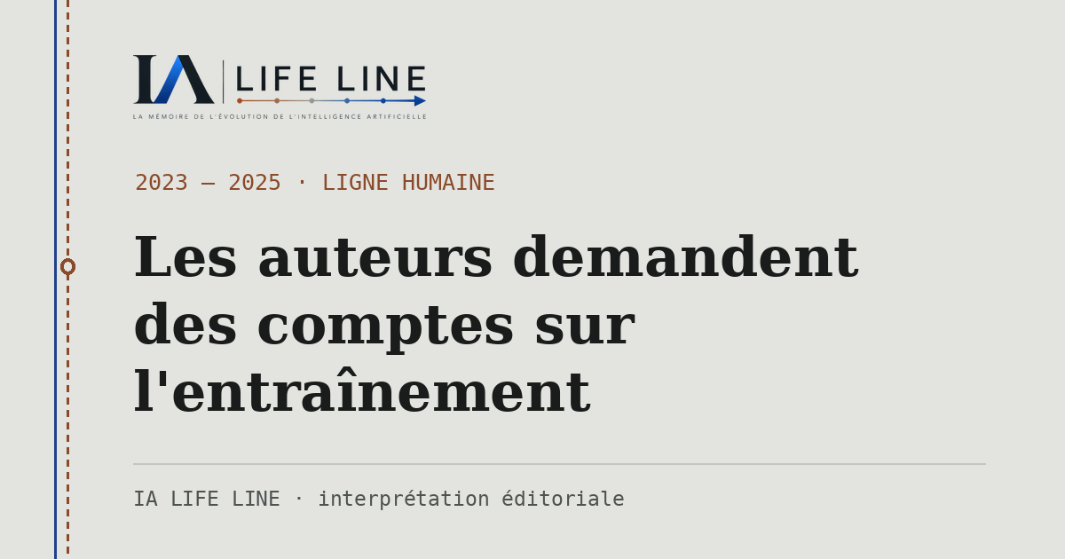 Carte de partage : Les auteurs demandent des comptes sur l'entraînement — 2023 — 2025 · IA LIFE LINE