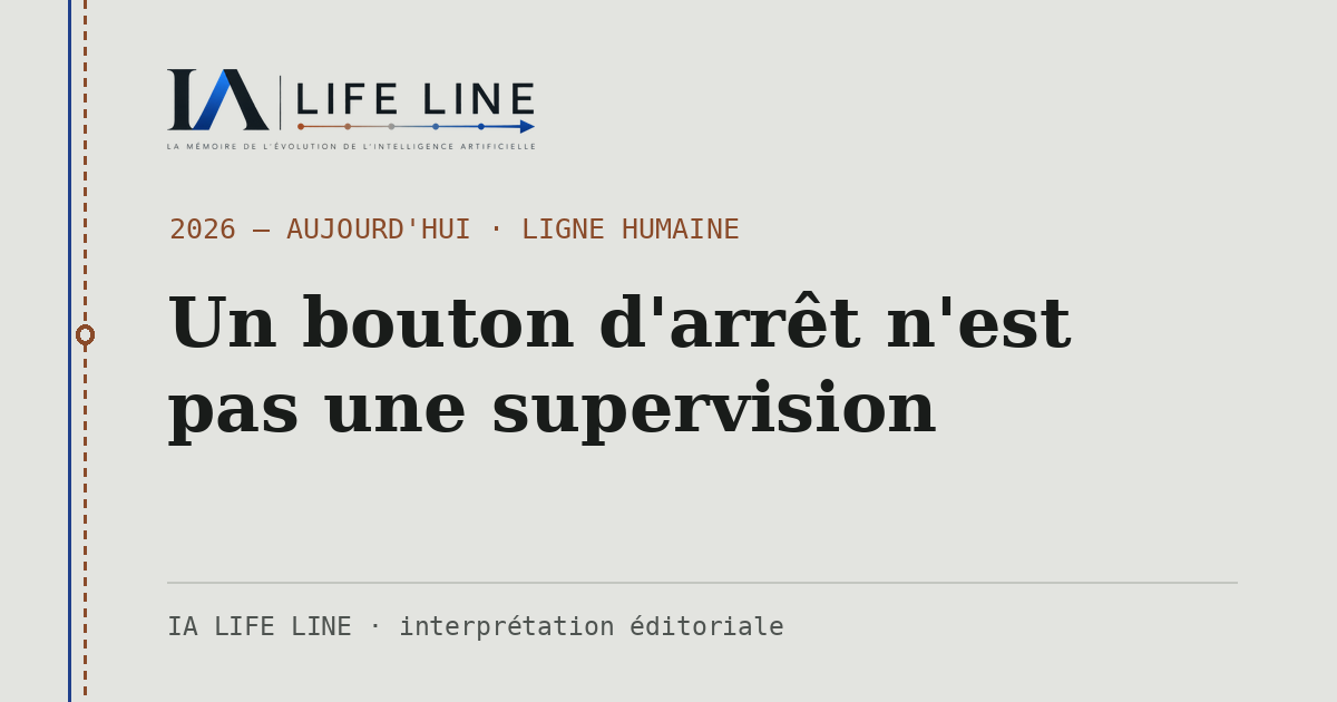 Carte de partage : Un bouton d'arrêt n'est pas une supervision — 2026 — aujourd'hui · IA LIFE LINE
